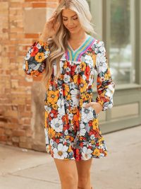 Orange Floral Print Striped Lace V Neck Long Sleeve Mini Dress
