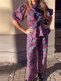 Leisure Floral Tie-neck Long Sleeve Trousers Suit