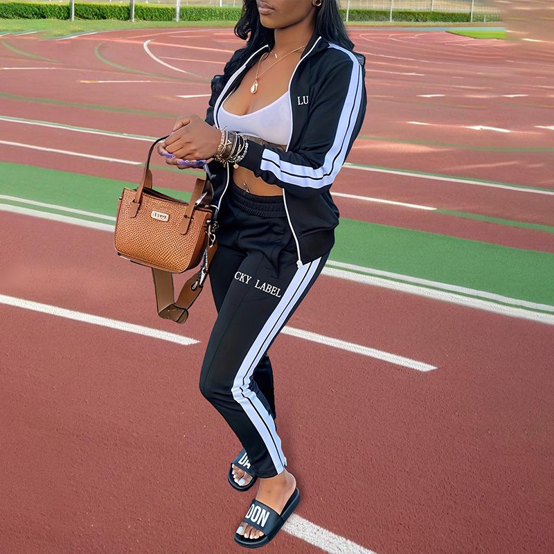 Women's Letter Embroidery Zip-Up Track Suit Set With Side Stripes