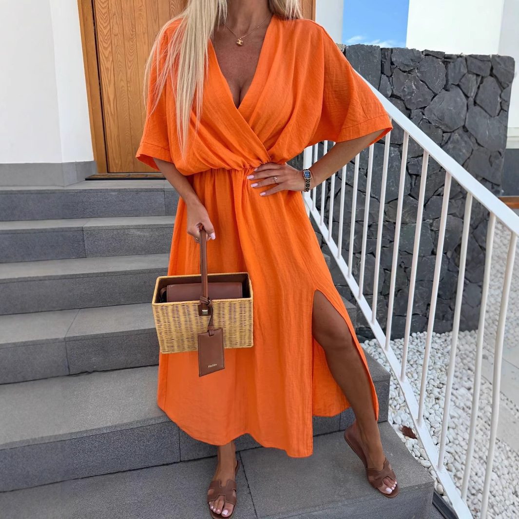 Solid Color And V-neck Chest-wrapped Dress 5-point Sleeve Vacation Style
