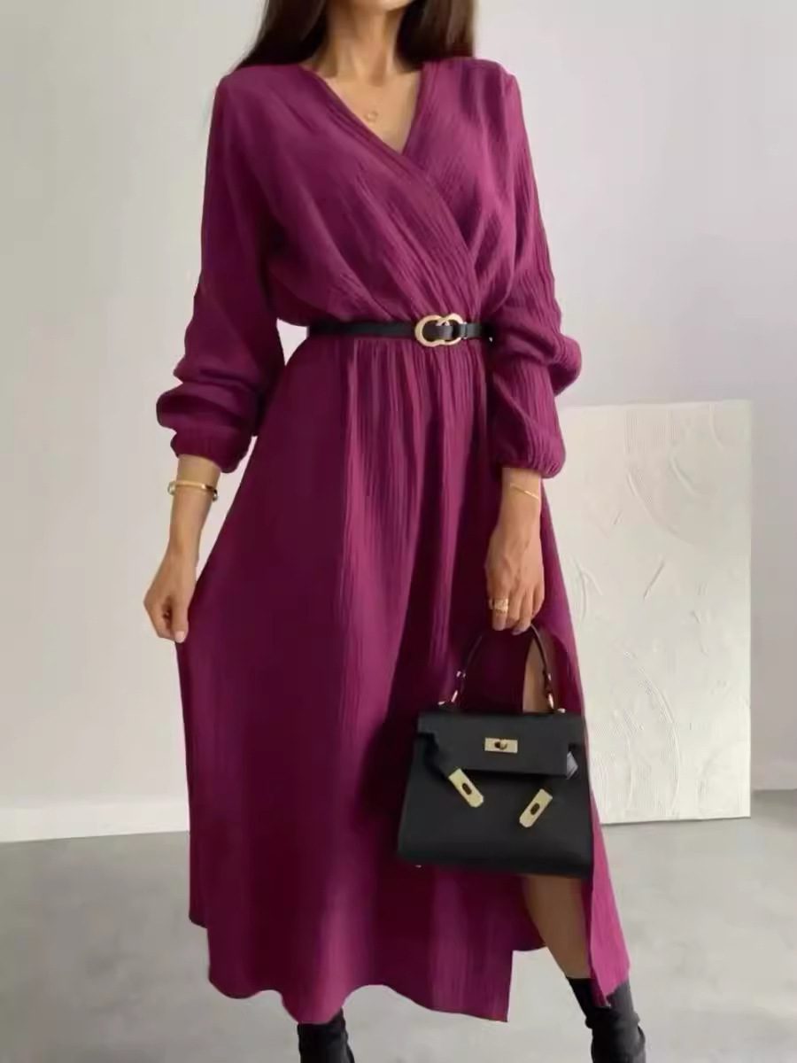 Fashion Long Sleeve Solid Color Waist Tight Dress