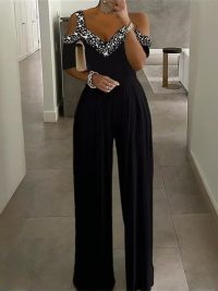Plus Size Women's V-Neck Rhinestone Jumpsuit