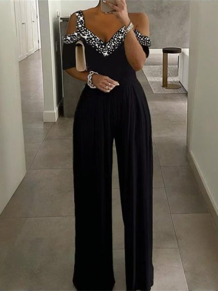 Plus Size Women's V-Neck Rhinestone Jumpsuit