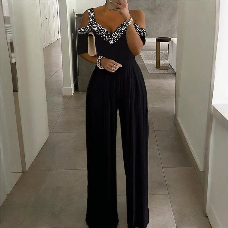 Plus Size Women's V-Neck Rhinestone Jumpsuit