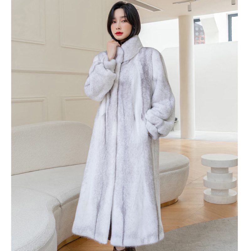 Fashionable Stylish Stand-up Collar Thermal Light Mink Fur Coat