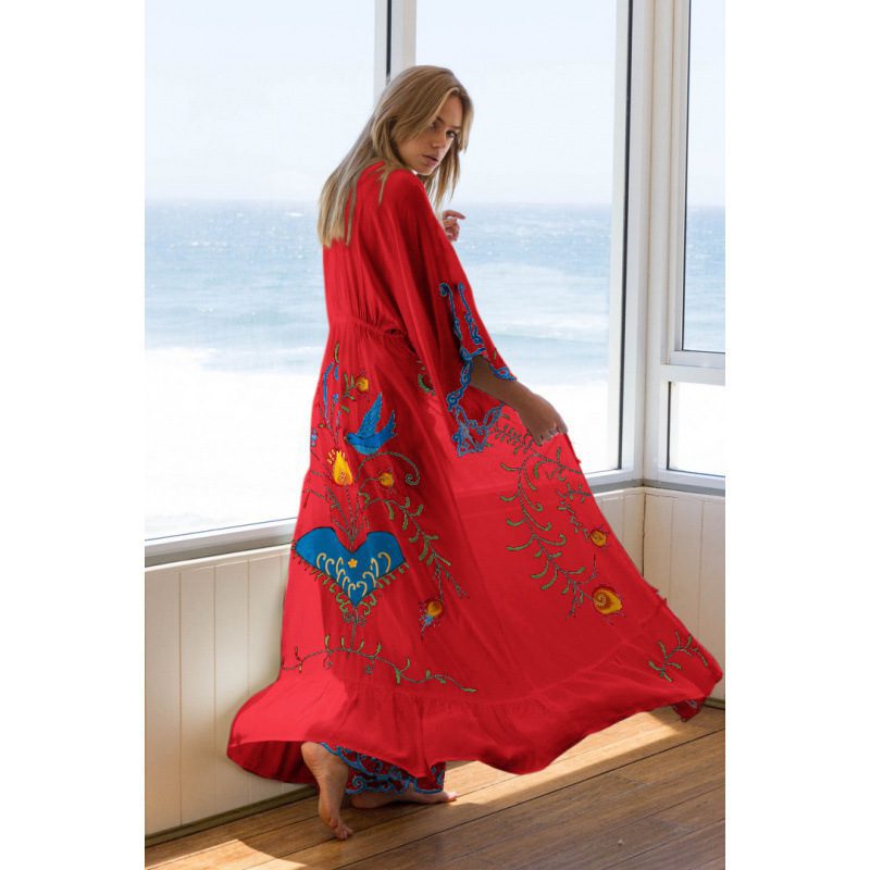 Loose Vacation Bohemian Flowers Embroidery Tassel Dress