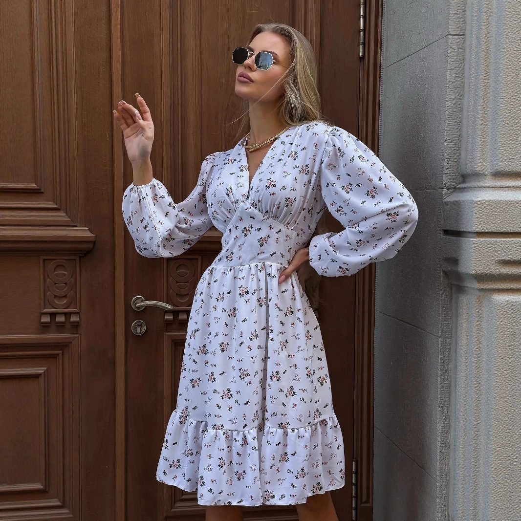 Printed Crimp V-neck Long Dress Women