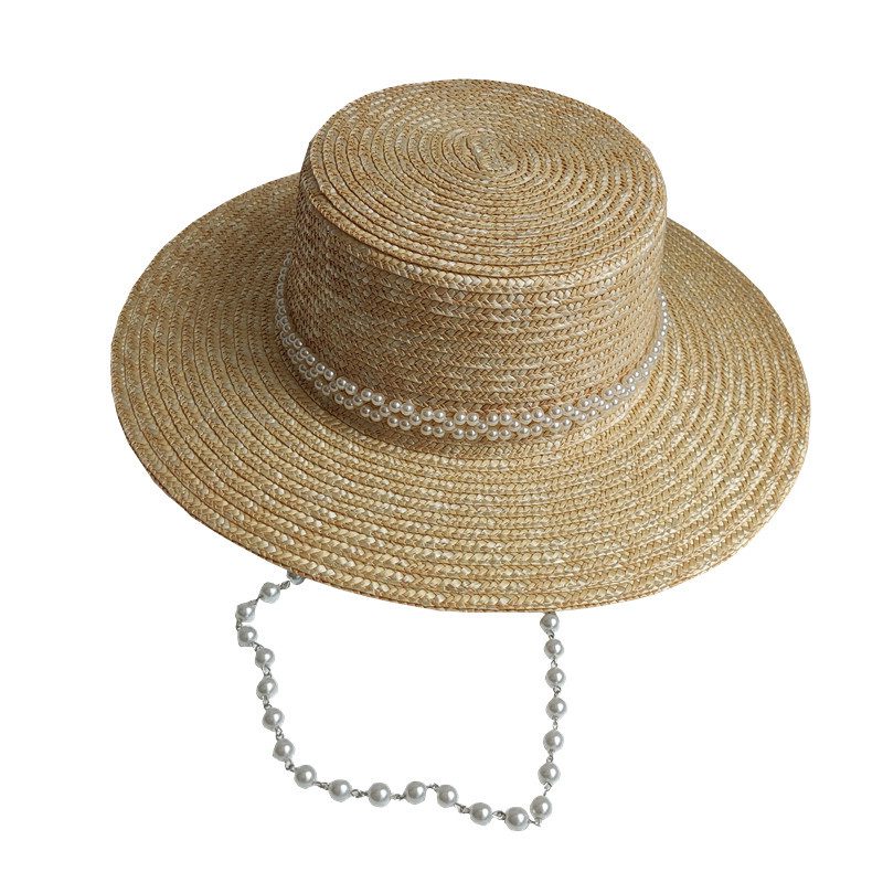 Women's Detachable Pearl Chain Flat Top Straw Hat