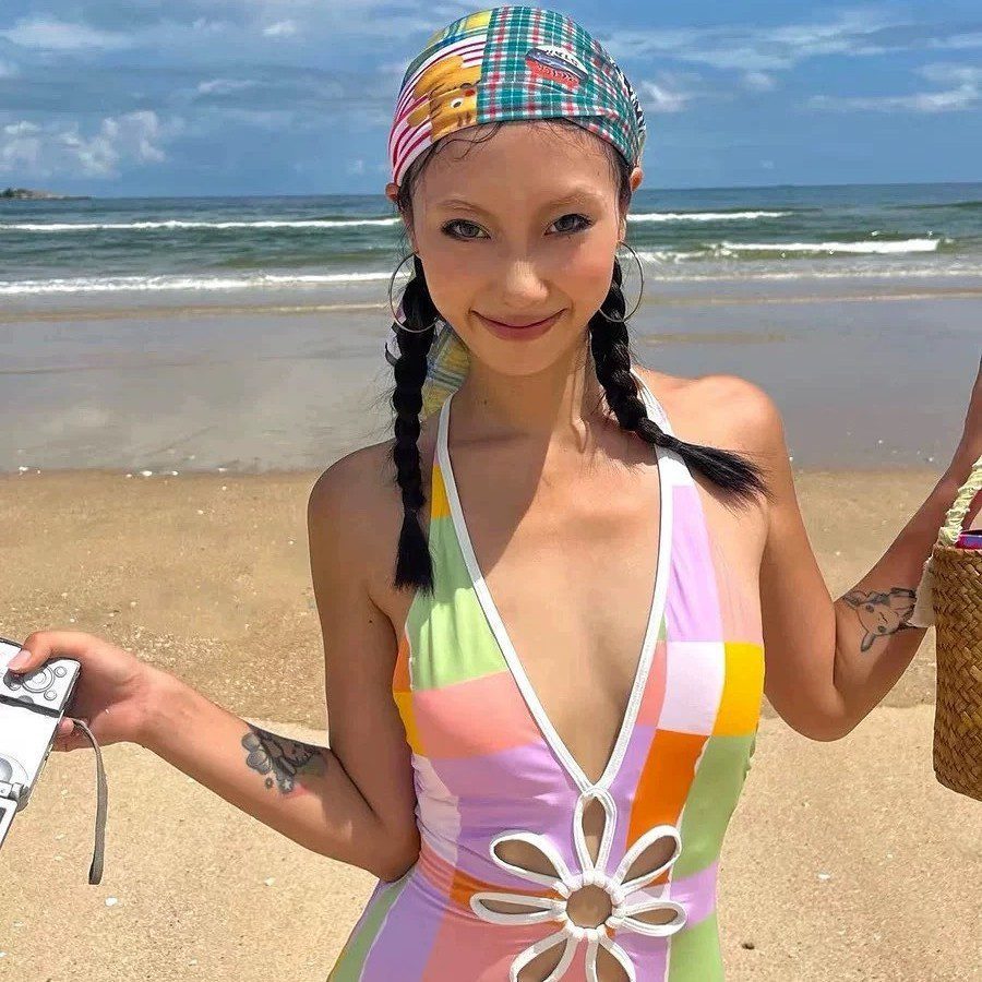 Rainbow Color Hollow Flower Simple Style Swimsuit