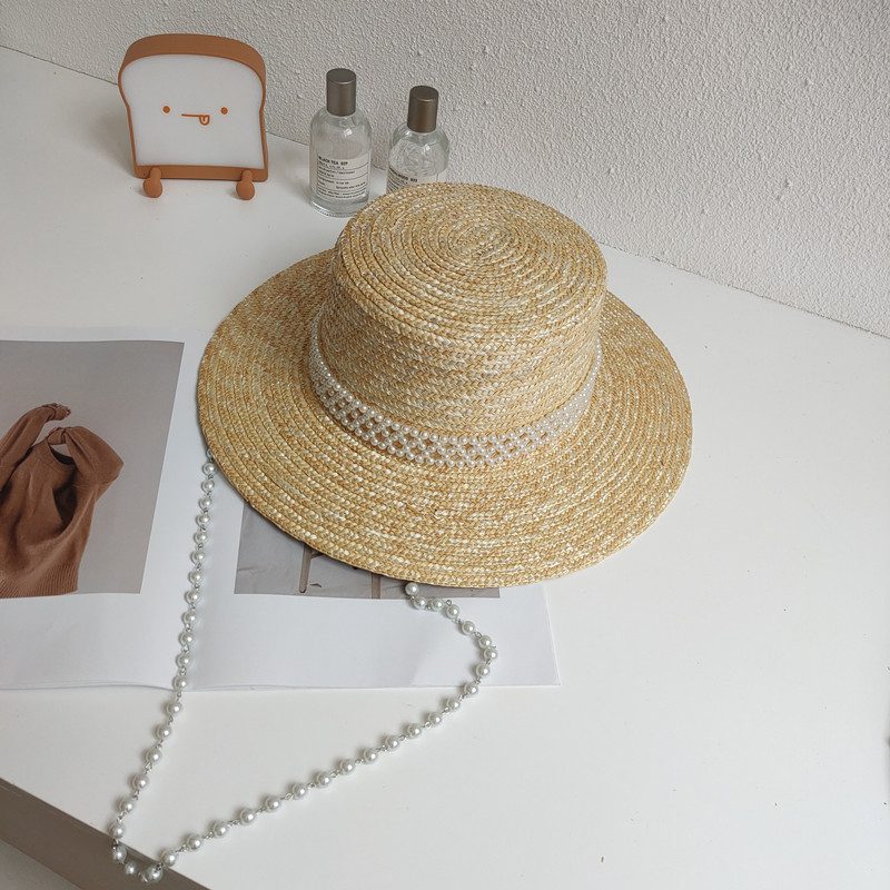 Women's Detachable Pearl Chain Flat Top Straw Hat