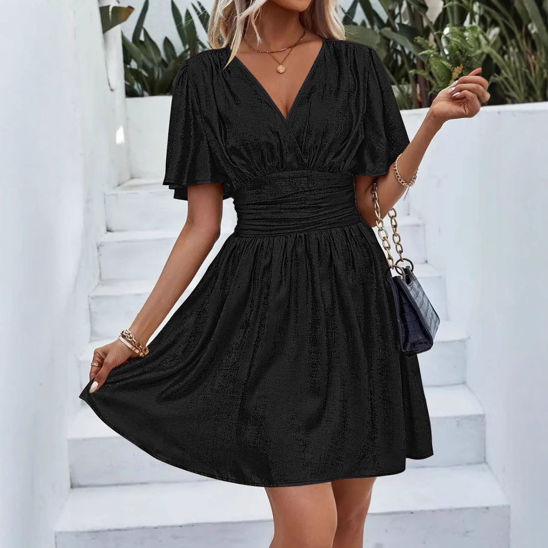 Solid Color And V-neck Ruffle Sleeve Dress