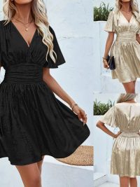 Solid Color And V-neck Ruffle Sleeve Dress