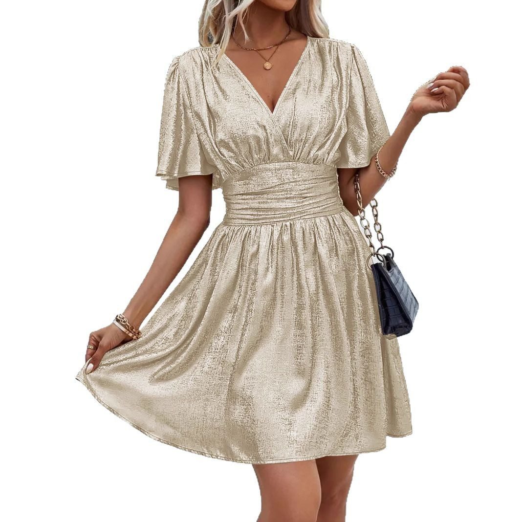 Solid Color And V-neck Ruffle Sleeve Dress