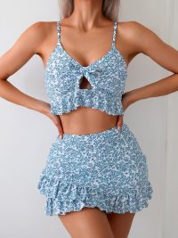 Floral Bow Ruffled Spaghetti Straps Briefs Split Bikini Three-piece Set