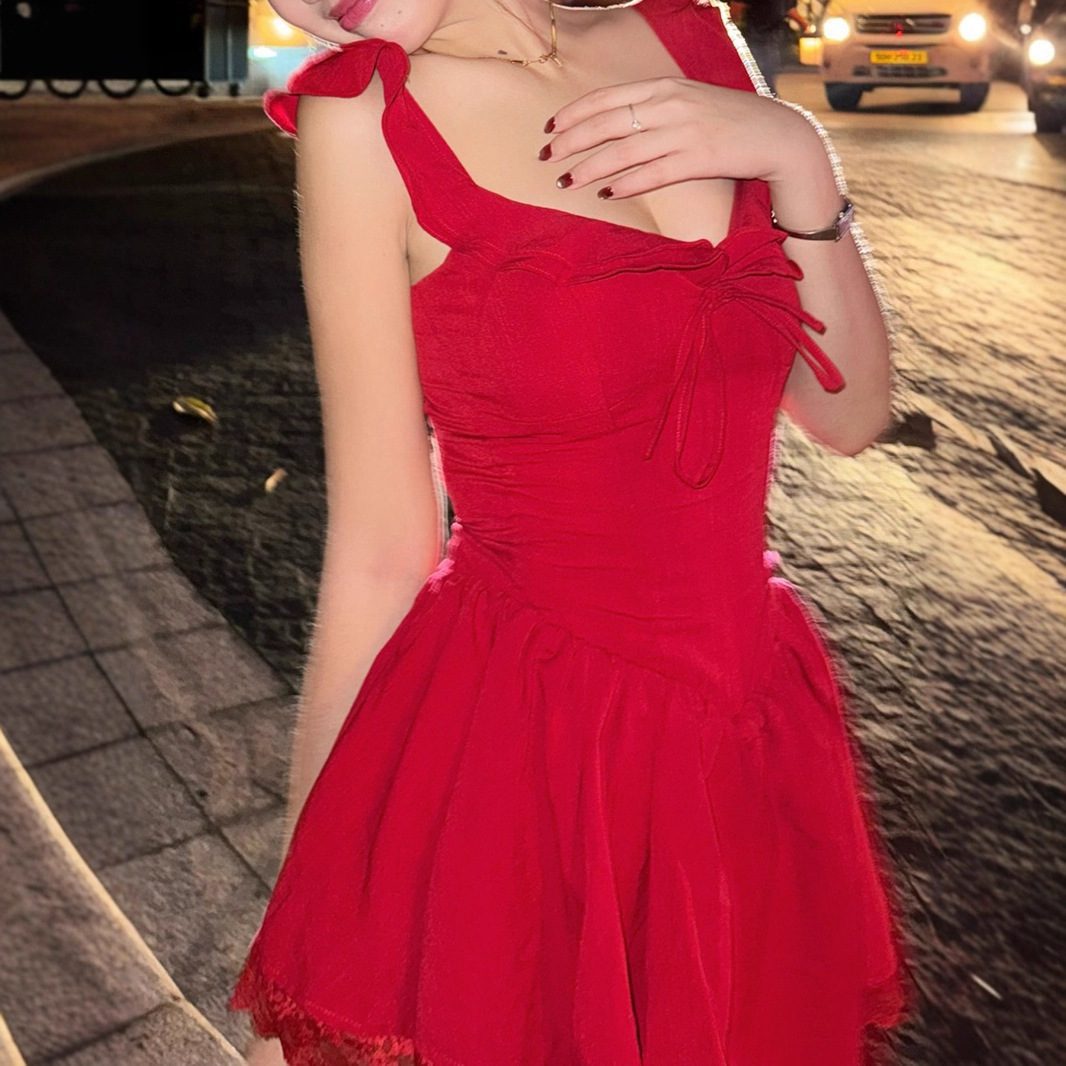 Lace Edge Stitching Depth V-neck Lace-up Dress