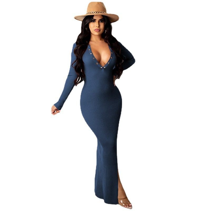 Lapel Backless Long Sleeves Slit Midi Skirt