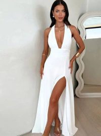 Spring New Women's Style Hanging Neck V-neck Slit Long Solid Color Dress