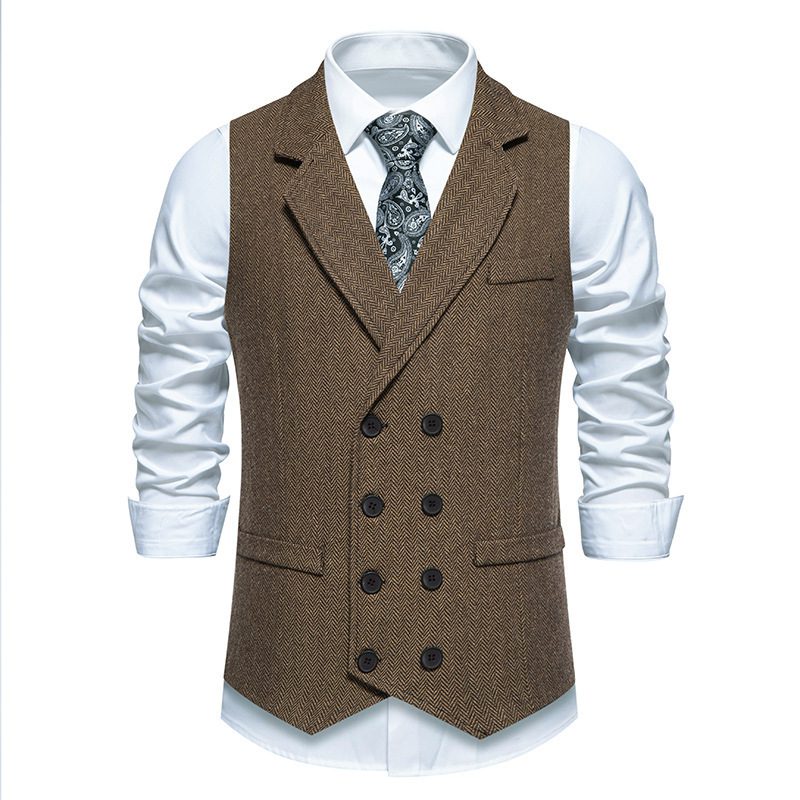 Men's Herringbone Tweed Suit Vest Retro Lapels Double Breasted Vest