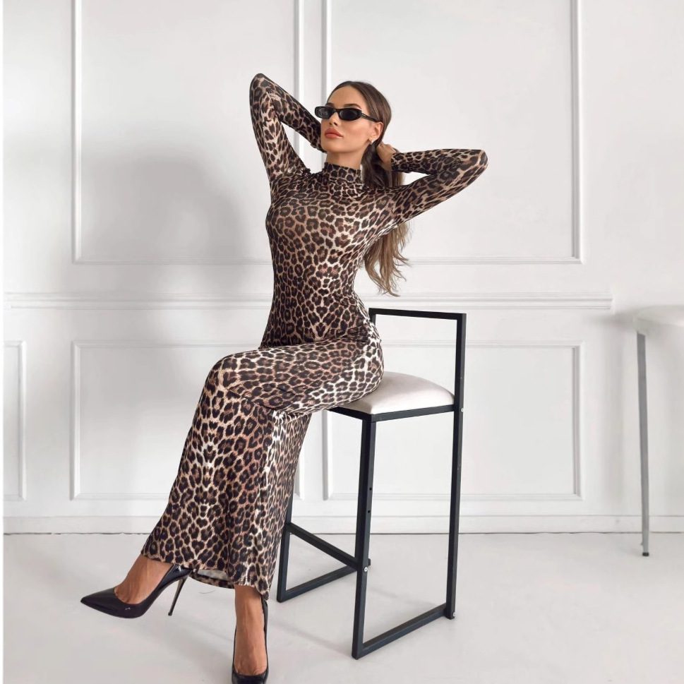 Fashion Leopard Print Stand Collar Long Sleeve Long Dress