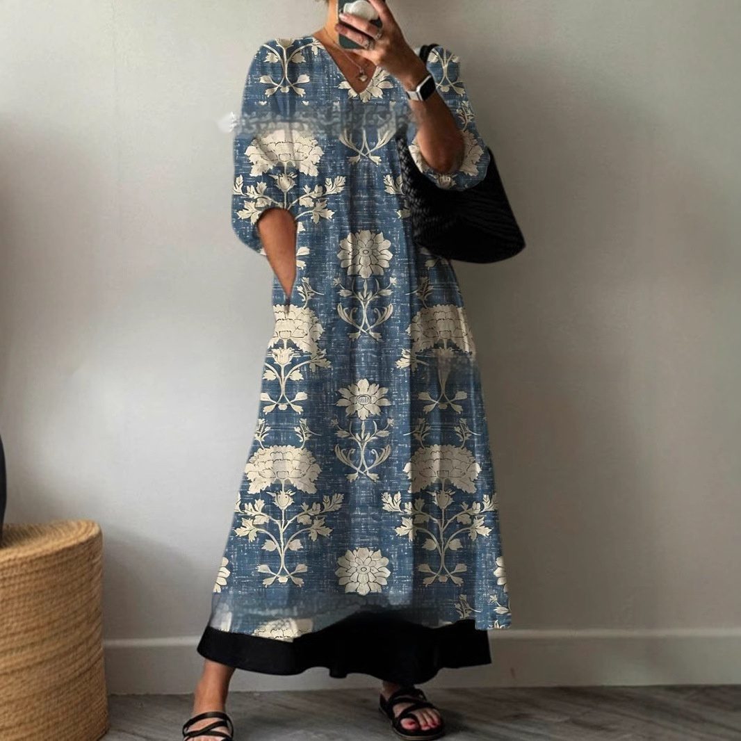 Loose V-neck Fashion High-end Long Sleeve Printed V-neck Dress