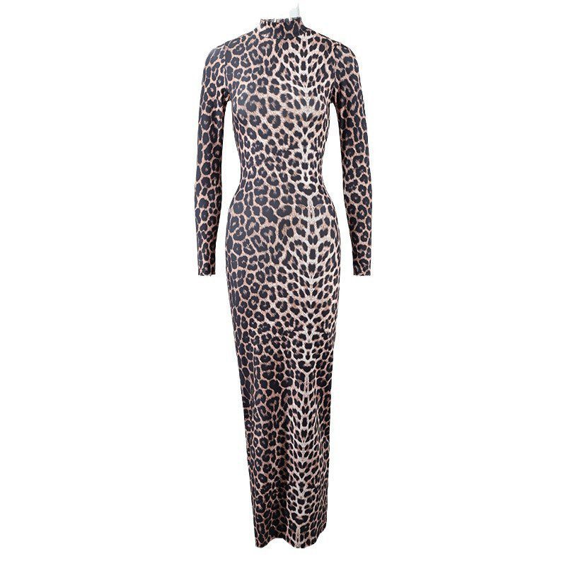 Fashion Leopard Print Stand Collar Long Sleeve Long Dress