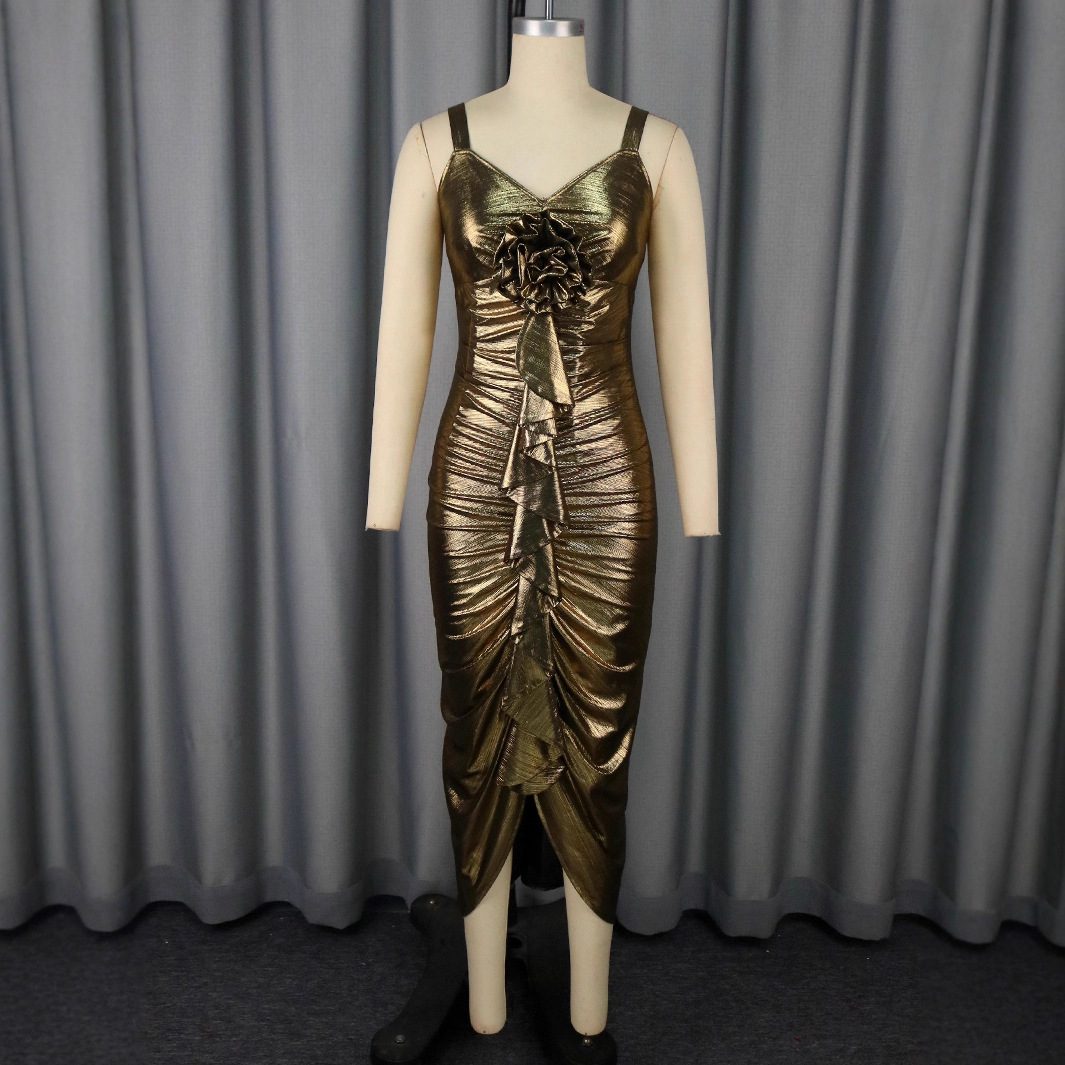 Female Solid Color Summer Sling Golden Party Dress