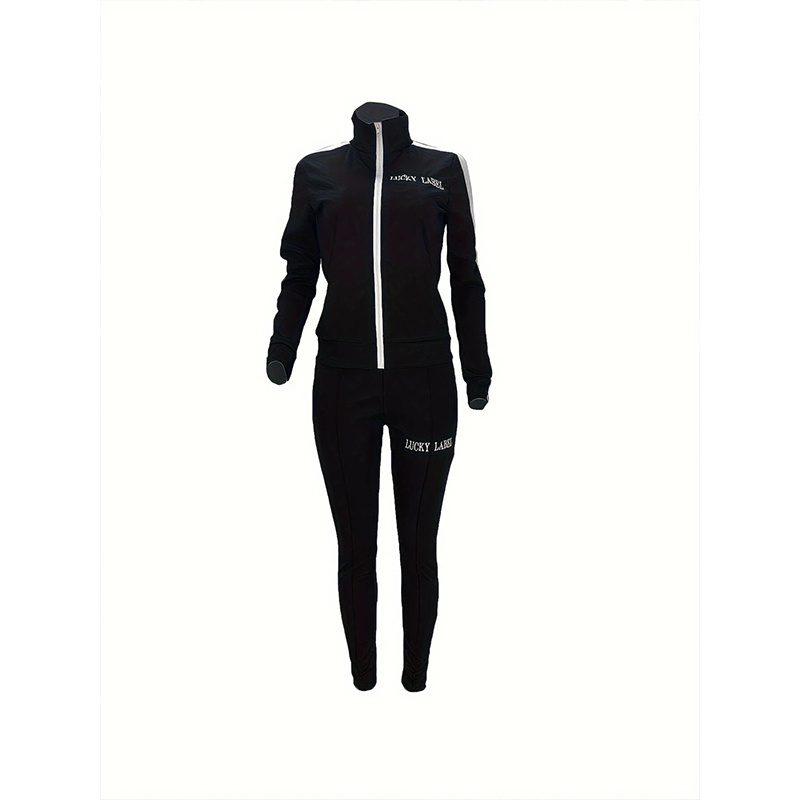 Women's Letter Embroidery Zip-Up Track Suit Set With Side Stripes