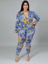 Plus Size Women's Autumn New Fashion V-neck Printed Shirt Trousers Suit