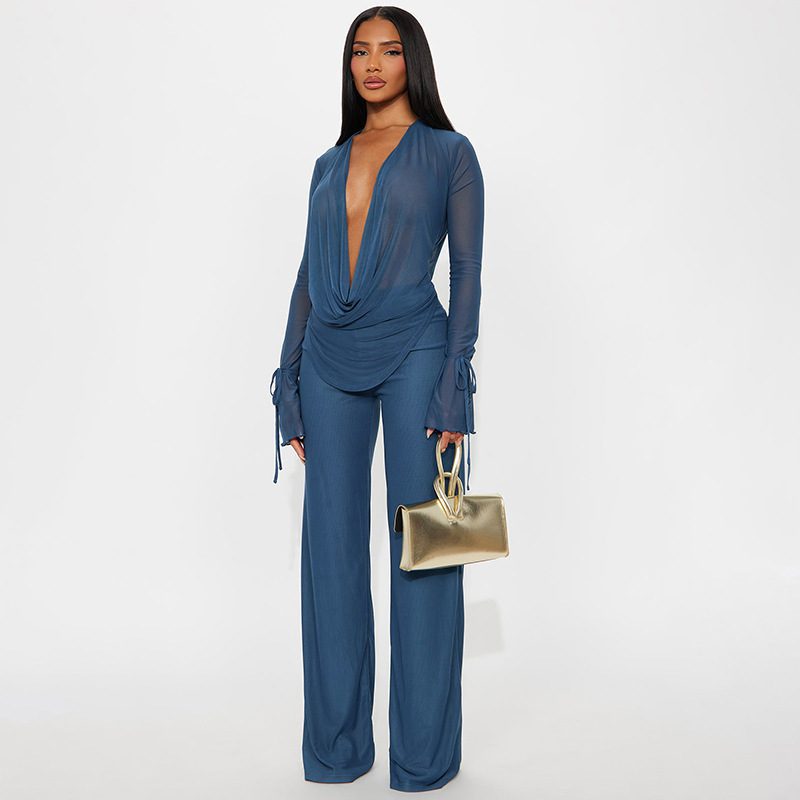 Women's Fashion Sexy Lace-up Long-sleeved Top Slim Trousers Suit