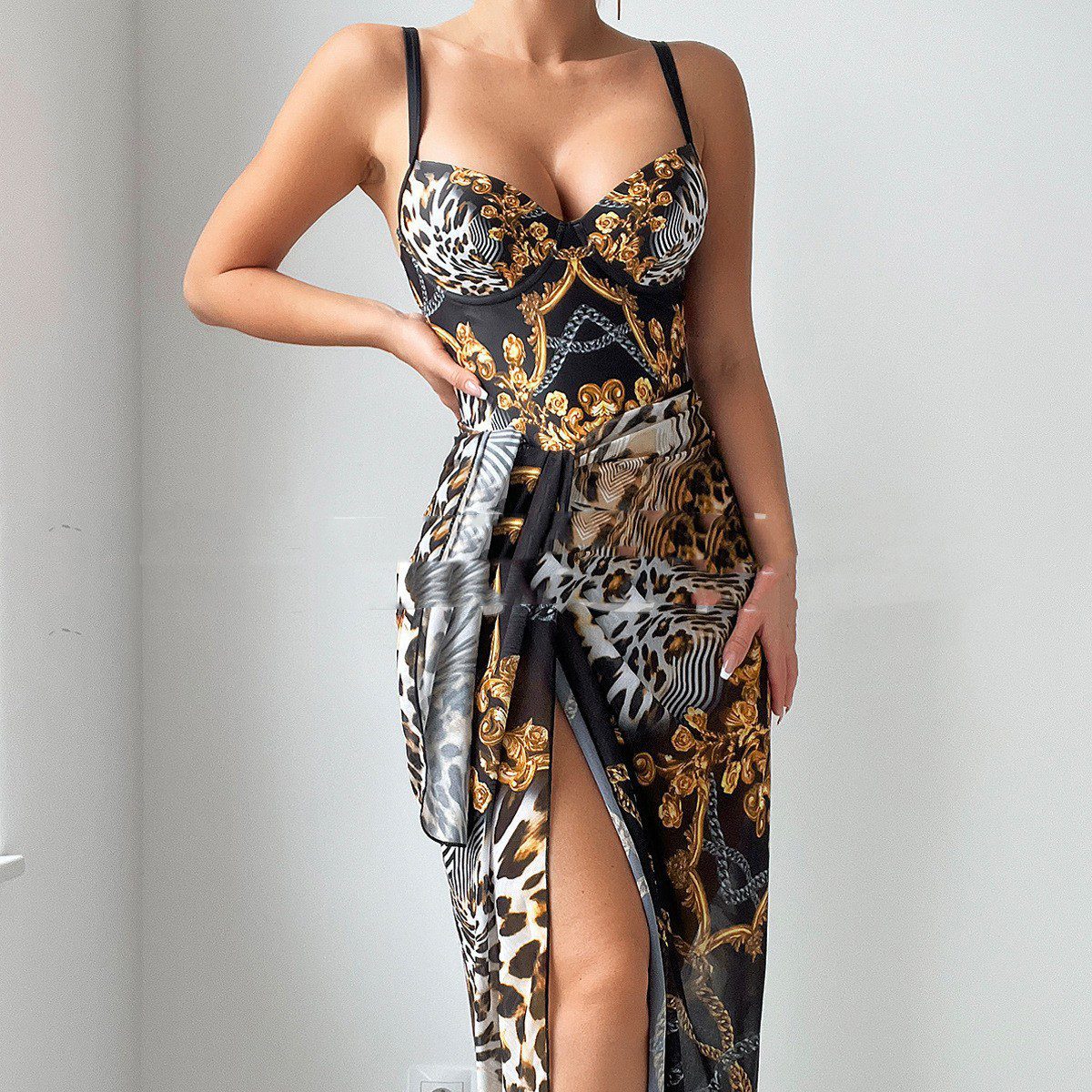 Double Shoulder With Steel Bracket Gather Thin Split Bikini Suit