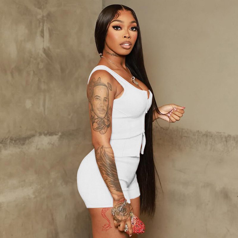 Women's Sexy Exercise Sleeveless Zipper Vest Top Tight Shorts Two-piece Suit