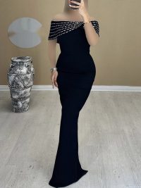Off-shoulder Handmade Diamond Strip Dress Evening Dress