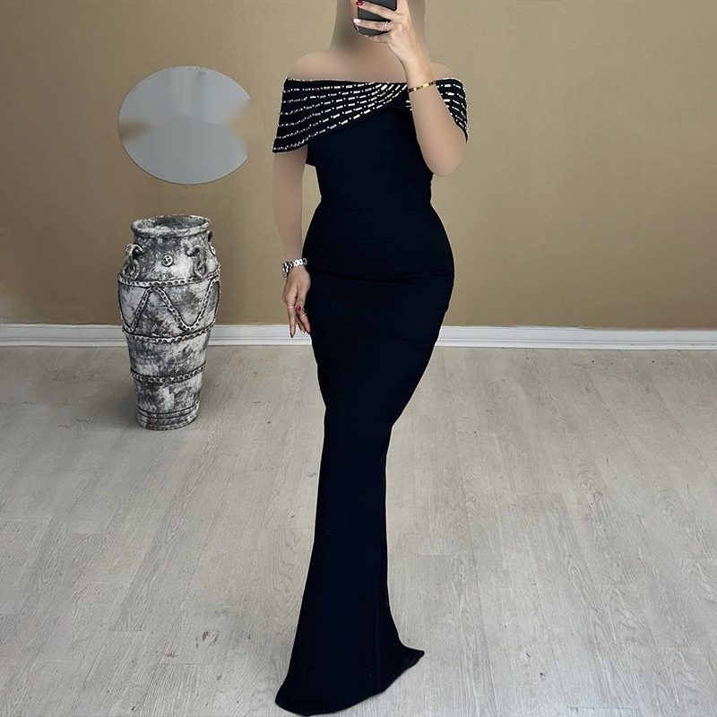 Buy Women's Clothing Online | Buy Trending Dresses for Women Off-shoulder Handmade Diamond Strip Dress Evening Dress