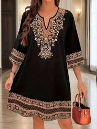 Women's V-Neck Middle Eastern Style Floral Print Midi Dress - Elegant Sleeve Design Lightweight Perfect For Spring&Summer Vacation & Daily Wear