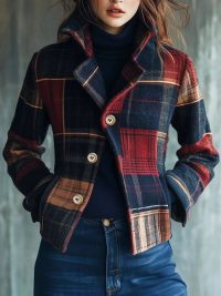 Plaid Retro Warm Coat Autumn And Winter Stand Collar