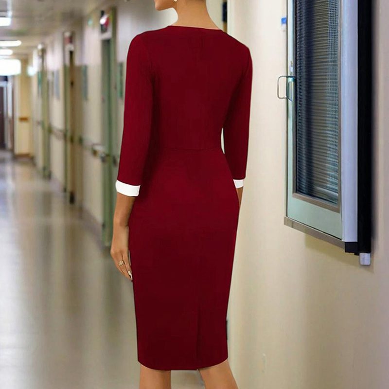 Women's Elegant Mid-Sleeve Package Hip Dress With Button Detail & Notched Collar - Office Casual Bodycon Dress For Spring&Summer