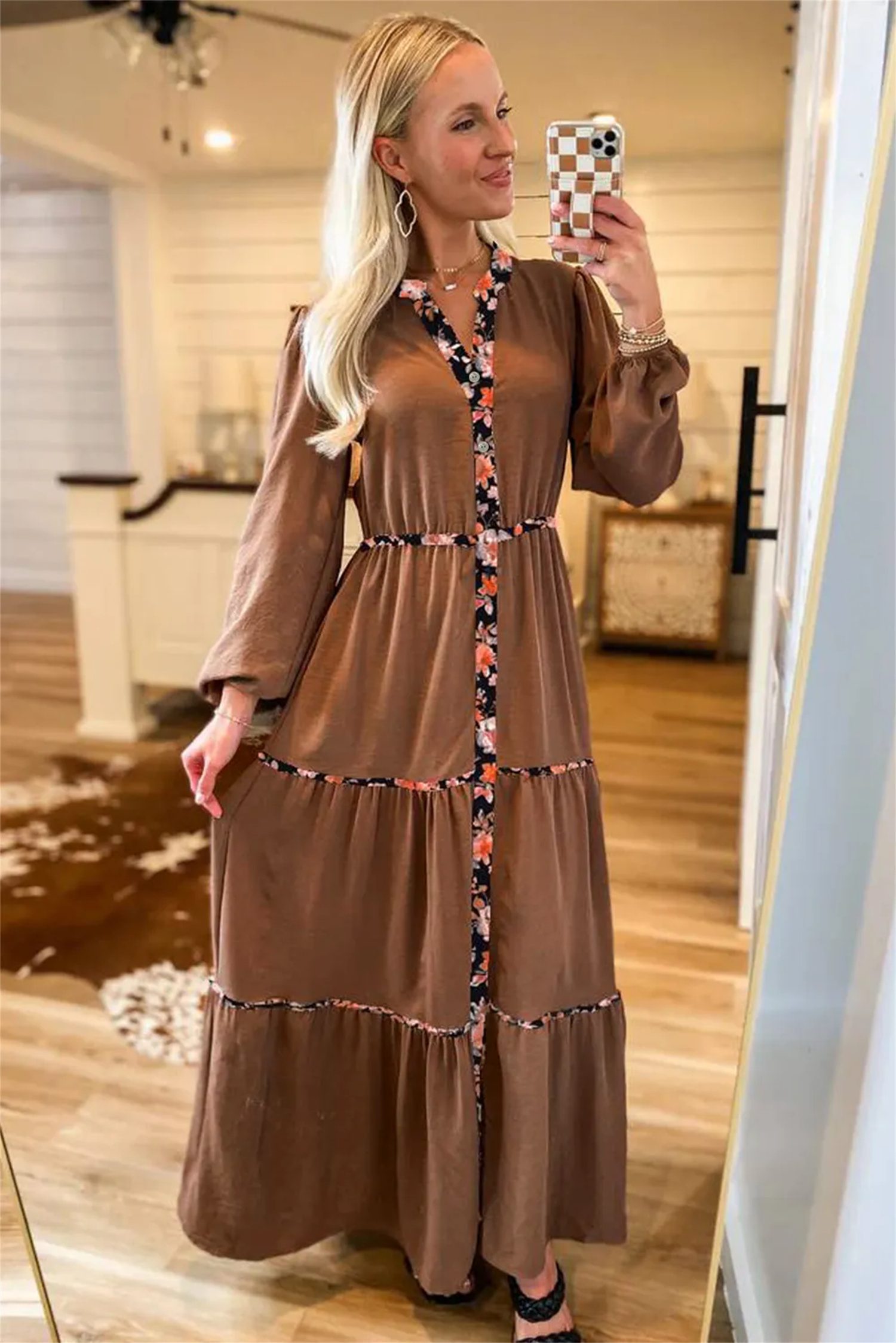 Chestnut Floral Patchwork Detail Notched Neck Long Sleeve Maxi Dress
