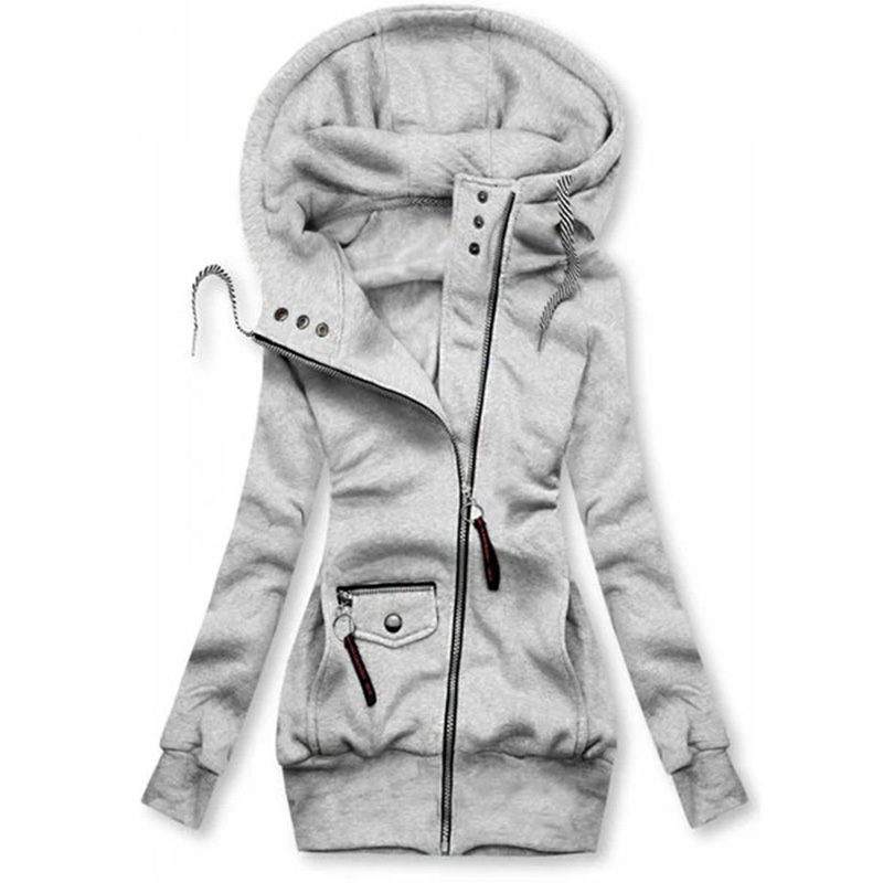 Women's Solid Color Long Sleeve Zip-Front Drawstring Hooded Jacket With Pockets Slim Fit Pleated Detail Top For Spring&Fall