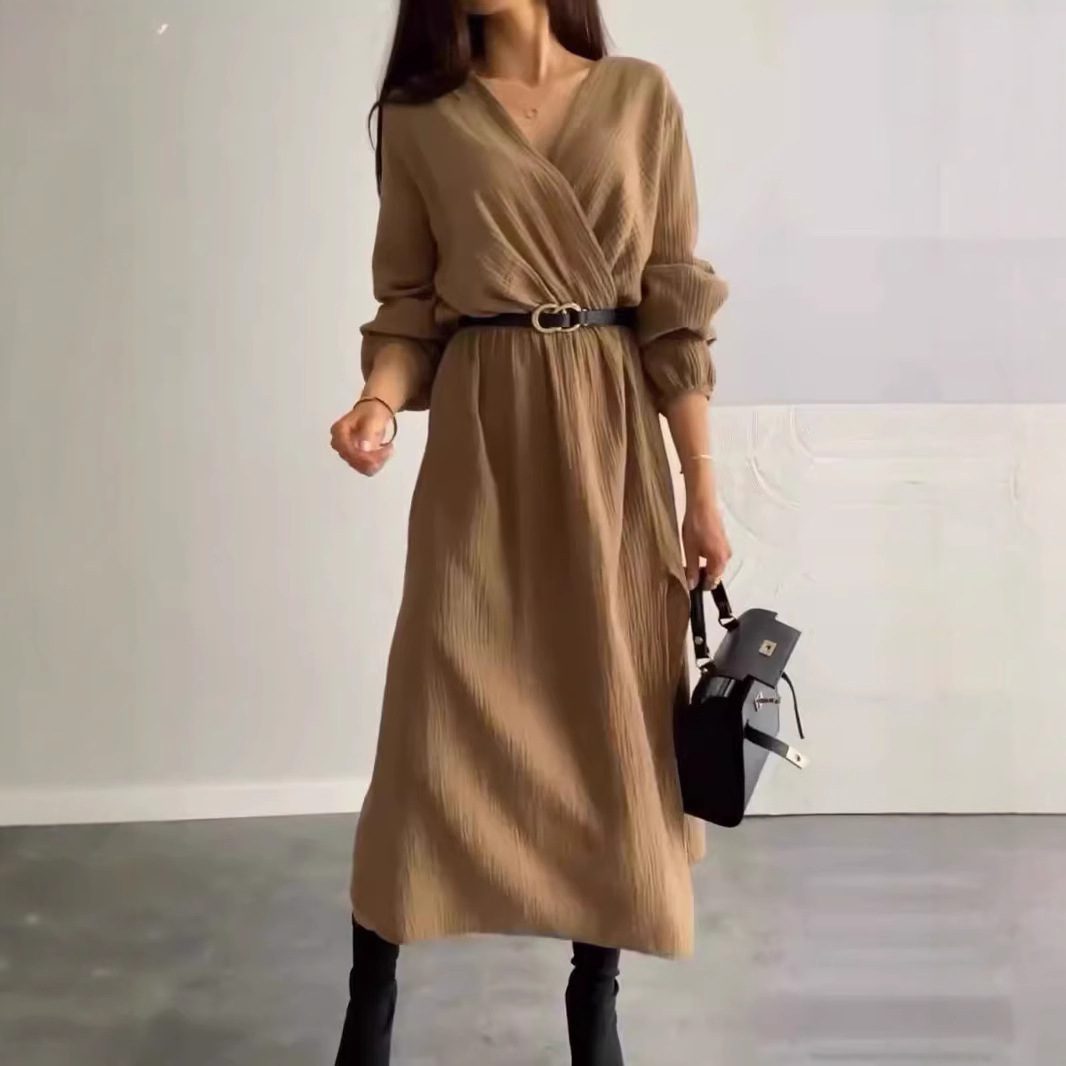 Fashion Long Sleeve Solid Color Waist Tight Dress