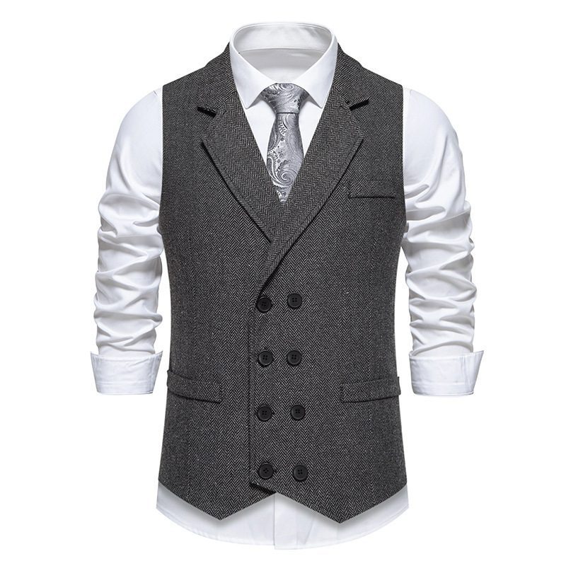 Men's Herringbone Tweed Suit Vest Retro Lapels Double Breasted Vest