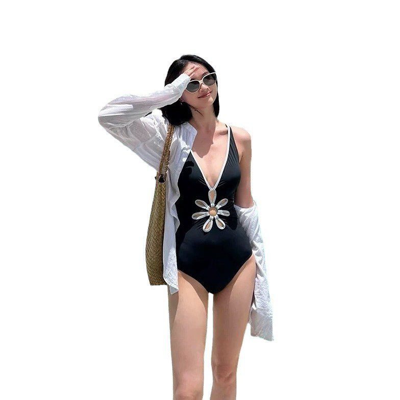 Rainbow Color Hollow Flower Simple Style Swimsuit
