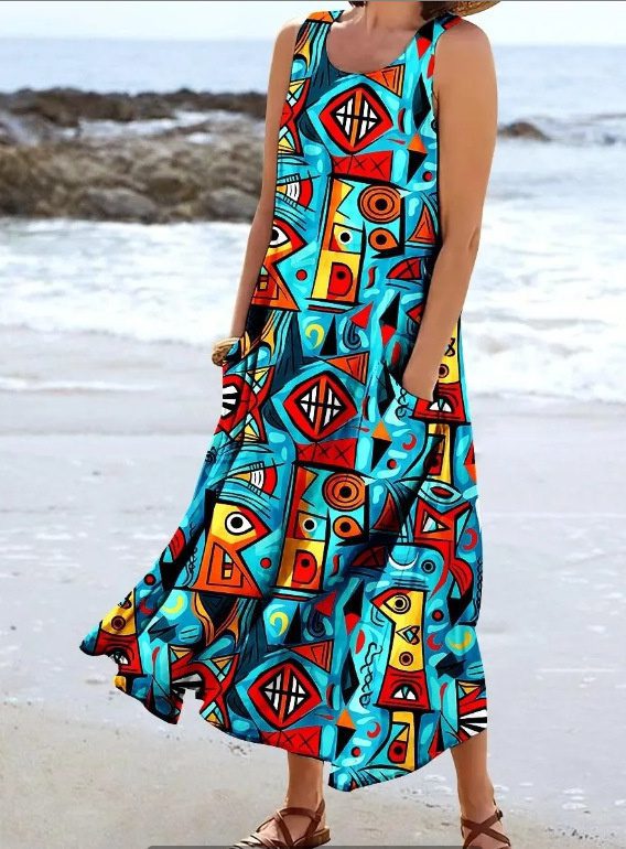 Women's Landscape Floral Maxi Dress Slim Fit Casual Skirt