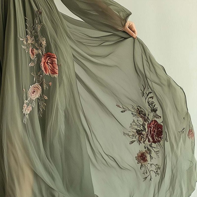 Women's Elegant V-Neck Green Floral Print A-Line Maxi Semi-Sheer Long Sleeve Spring&Summer Dress