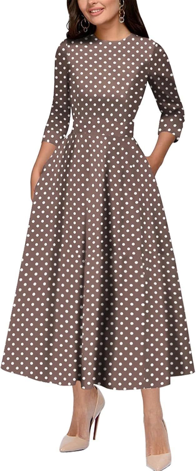 Slim Fit Waist Retro Printed Dress Women With Pockets