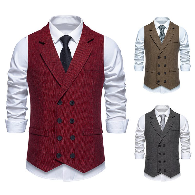 Men's Herringbone Tweed Suit Vest Retro Lapels Double Breasted Vest