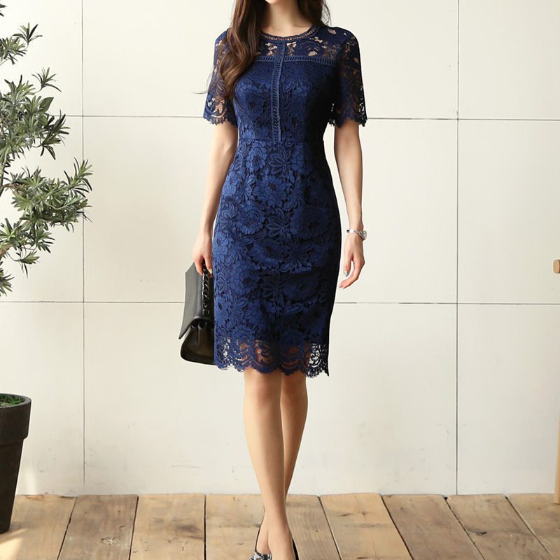 Waist Slimming Temperament Lady Mid-length Lace Dress