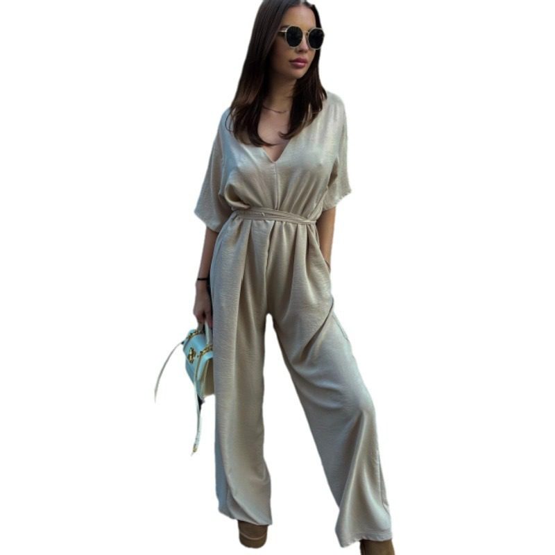 Pure Color Tied Girdle Depth V-neck Casual One-piece Wide-leg Pants