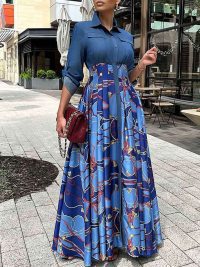 Casual Denim Stitching Printing Long Dress