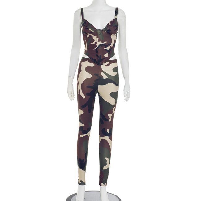 Camouflage Printed Back Lace Up Short Sling Vest Two-piece Set