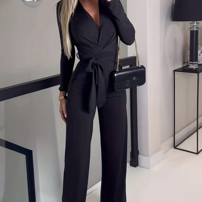 Women's Slim Fit V-Neck Long Sleeve Jumpsuit